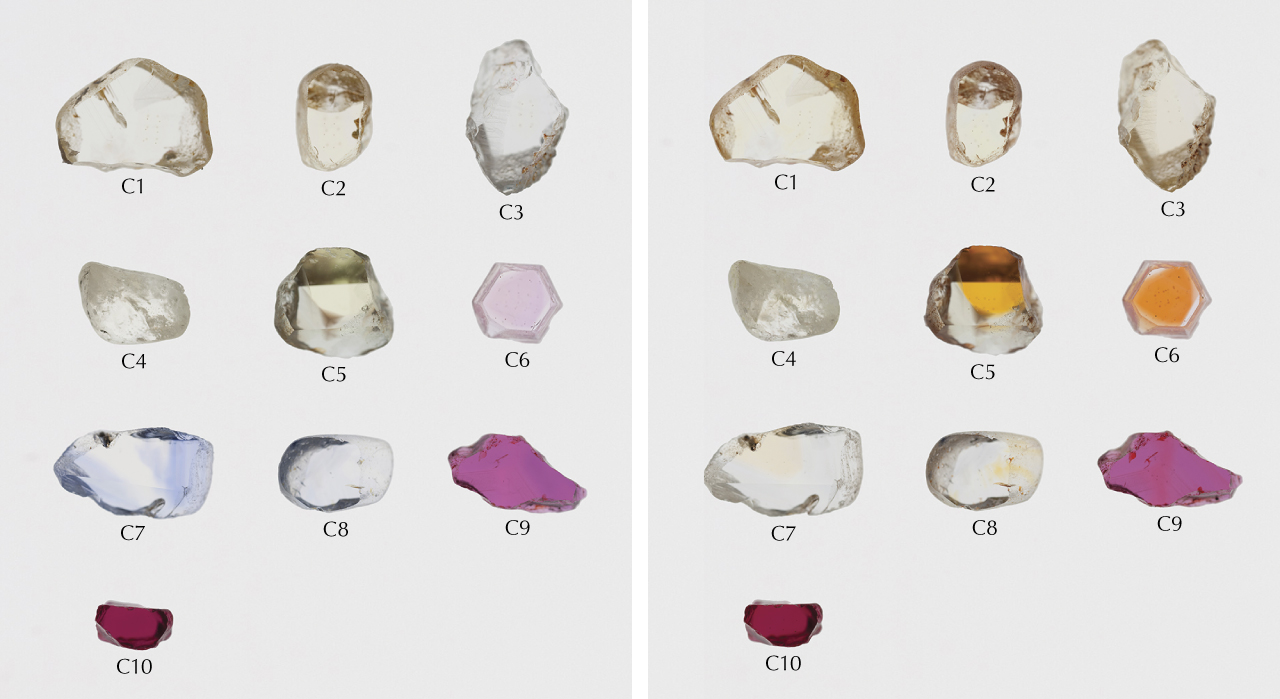 Figure 1. Color-calibrated photo of studied natural corundum crystals from various deposits ranging from 0.44 to 1.28 ct before heating. Photo by Sasithorn Engniwat. Figure 1. Color-calibrated photo of studied natural corundum crystals from various deposits ranging from 0.44 to 1.28 ct before heating. Photo by Sasithorn Engniwat.