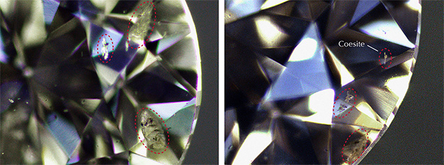 Inclusions with a satellite-like appearance in type IIb diamond. Inclusions with a satellite-like appearance in type IIb diamond.