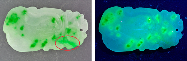 Jadeite with natural and dyed green areas. Jadeite with natural and dyed green areas.