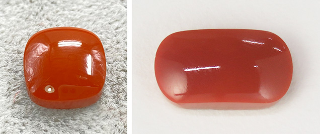 Treated agate (left) and “Shi Zi Hong” agate (right). Treated agate (left) and “Shi Zi Hong” agate (right).