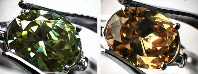 Synthetic cubic zirconia imitation of peridot. Synthetic cubic zirconia imitation of peridot.