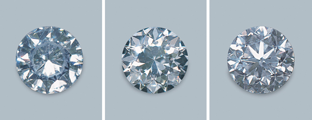 Diamonds with fisheye (left), dark upper-girdle facets (center), and a busy, broken overall pattern (right) Diamonds with fisheye (left), dark upper-girdle facets (center), and a busy, broken overall pattern (right)