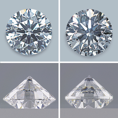 The diamond on the left weighs 0.61 ct, while the diamond on the right weighs 0.71 ct. The diamond on the left weighs 0.61 ct, while the diamond on the right weighs 0.71 ct.