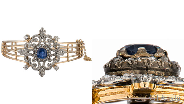 A top view and side view of an antique bracelet.