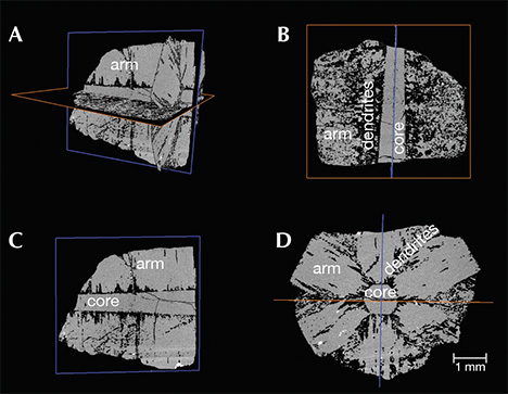 Four X-ray computed tomography images of trapiche emerald from Muzo