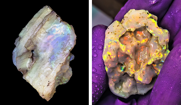 Cleaning the opal specimen.