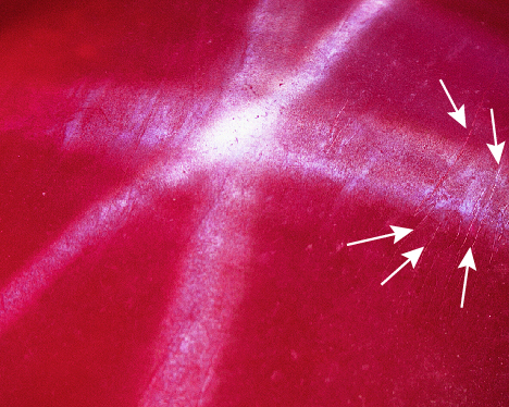 Asterism and Plato striations seen on the synthetic ruby’s surface.