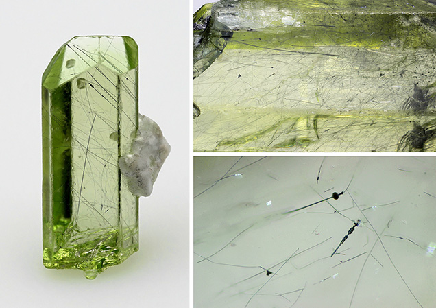 Diopside crystal with merelaniite whisker inclusions.