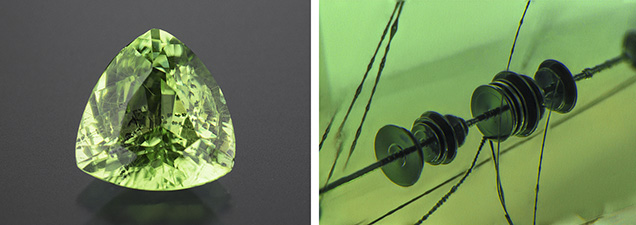 Gem diopside features whisker and wheel-shaped merelaniite inclusions.