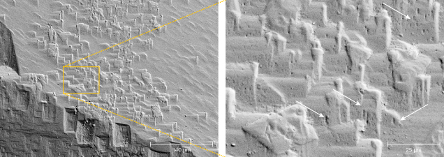 Figure 11. Left: SEM image of dissolution features on the transition from prismatic face (lower part, with rectangular F-type etch pits) to pyramidal face (upper right), with the formation of triangular hillocks. Right: Small etch pits (indicated by arrows) formed parallel to the larger F-type etch pits on the prismatic face.