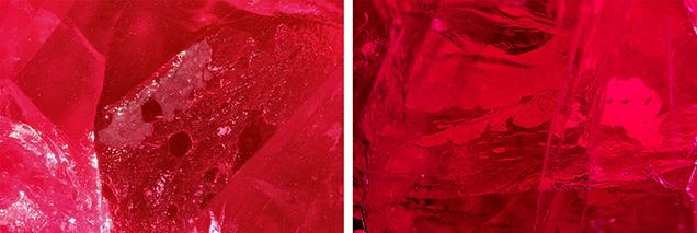 Figure 2. A fracture with whitish filler (left) and trapped air pockets (right). Photomicrographs by Shiva Sohrabi; fields of view 1.58 mm (left) and 2.90 mm (right).