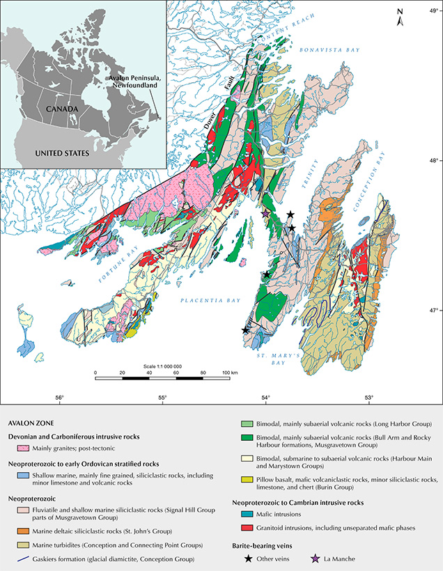 Figure 1. Geological map of the Avalon Zone showing the location of the La Manche vein system and other barite-bearing veins. Modified after Mills et al. (2021) and Colman-Sadd et al. (1990), with data from Maloney (1990).