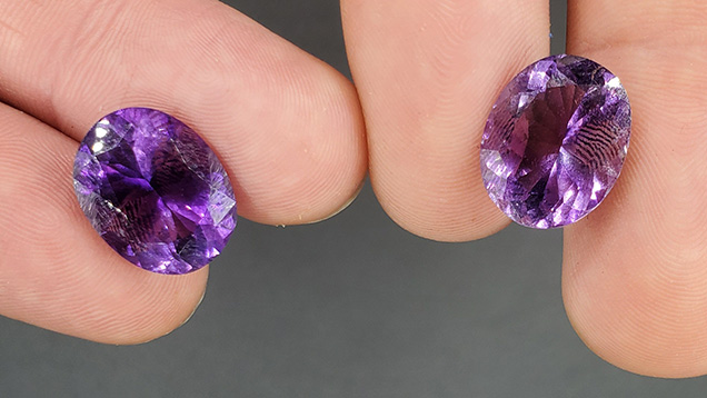 Figure 13. The second- and third-largest faceted stones produced from the La Manche amethyst occurrence to date: 9.09 ct (left) and 8.46 ct (right). Photo by Philippe Belley.