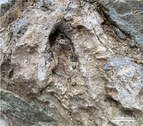 Figure 4. A portion of the vein showing thick calcite (Cal) and massive galena (Gn) surrounding a pocket of barite (Brt) and amethyst (Qtz). Photo by Joshua Maloney.