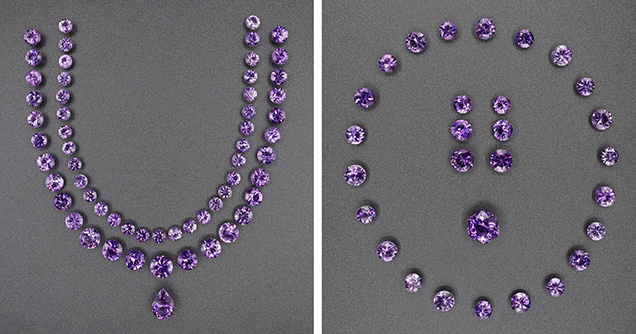 Figure 8. La Manche amethyst suite, 109.6 carats total. Left: Necklace set comprising round brilliants from 6 mm to 10 mm and a 3.69 ct pear cut. Right: Stones for a bracelet (7–8 mm rounds), earrings (7, 8, and 9 mm rounds), and a custom-cut hexagon (6.42 ct). Photos by Philippe Belley.