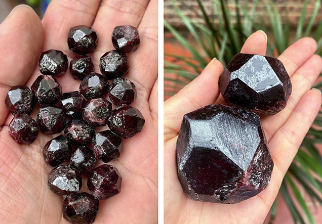 Figure 1. The trapezohedral habit of garnet from Phu Tho. The trapezohedral habit is suitable for cutting as cabochons or beads, while the elongated habit (not shown) would be appropriate for carving. Photos by Nguyen Thanh Nhan.