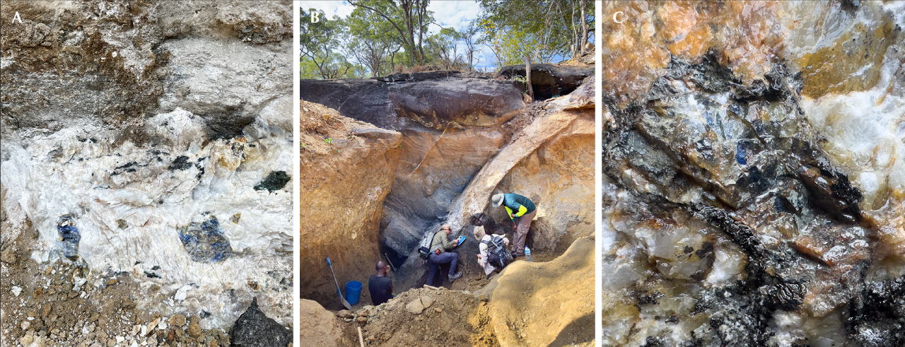 Figure 2. A: Large grayish blue sapphire crystals (about 5 cm) in white feldspar. B: Geologists check a sapphire-rich pegmatite in an artisanal mining excavation near Matepwende. C: A small deep blue facet-grade sapphire fragment within a heavily fractured sapphire crystal associated with (whitish) feldspar and (dark) mica. Photos by Vincent Pardieu.