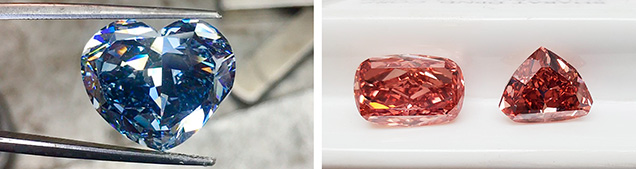 Figure 3. Left: The 15 ct vivid blue heart-shaped diamond cut from the rough shown in figure 2. Right: A 9 ct vivid pink and a 5.5 ct deep pink cut by Lieberman. Photos courtesy of Harvey Lieberman.