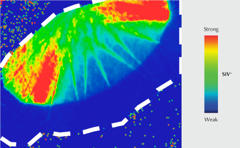 Figure 3. False-color PL map of the SiV– defect at 736.6/736.9 nm using 633 nm laser excitation, normalized to the diamond Raman area on the pavilion. The dashed line indicates the approximate outline of the diamond.