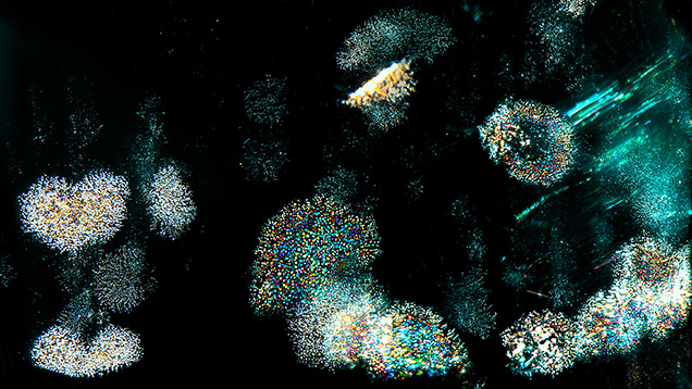 Interference thin films in Russian emerald resembling a sky filled with fireworks. Photomicrograph by Ungkhana Atikarnsakul; field of view 3.60 mm.