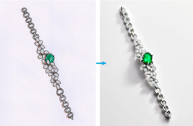 Figure 15. Hand-sketched bracelet design by Devyani Shah (left) and a Dzine.ai “rendering” (right) created using the sketch along with the text prompt “white gold bracelet with pave set diamonds in leaf-shaped clusters. A large oval emerald is set in the center of the bracelet. Art Deco inspiration. Photorealistic rendering. Dazzling light reflection on the gems. Neutral background.”