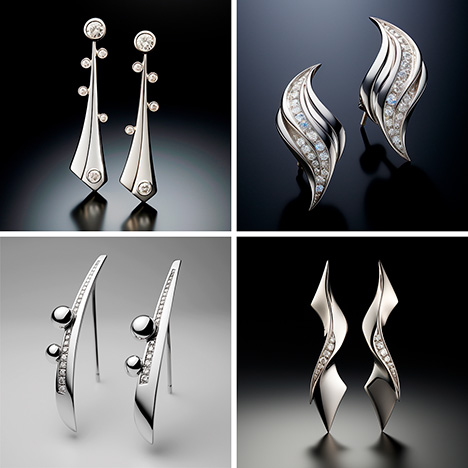 Figure 2. Images from Midjourney 5.2 using the prompt “a pair of white gold earrings displaying a sense of asymmetrical balance.”