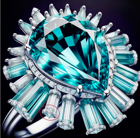 Figure 4. DALL.E 3 generated this image from the prompt “create a halo of tapered baguette diamonds, also set in platinum, which are attached to the gallery of the Paraiba’s setting.” Circled in red is a design oddity: miniature diamond rings placed on the ends of the baguettes.