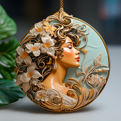 Figure 9. Pendant design from Midjourney 5.2, using the prompt “enamel and yellow gold pendant, Alphonse Mucha style, Art Nouveau, African American woman in profile, on a background of flowers, sketch on white paper, drawn by a master designer.”