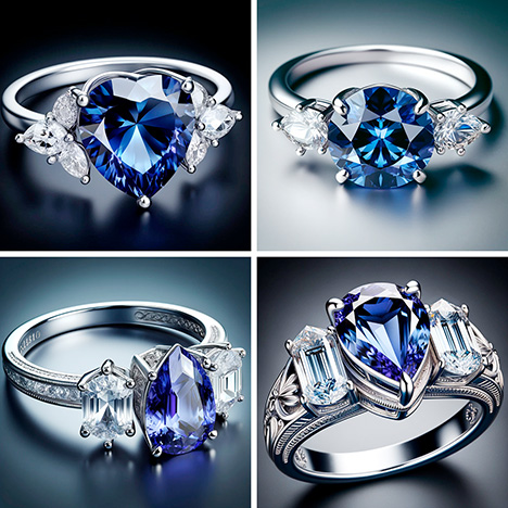 Figure A-3. Images generated by DALL.E 3 using the prompt “create a photorealistic image of a platinum three-stone ring, with a tanzanite center gem and diamond side gems.” These images show some detail and creativity in the designs and feature a wider variety of gem shapes. However, in the bottom left image, some of the details are poorly defined, such as the milgrain along the channel setting, the engraving on the inside of the shank, and the detail on the sides of the pear setting. In all of the images, the colors are reasonably accurate for the materials. The images are less photorealistic and more closely resemble digital renderings from a CAD program. This stylistic rendering seems to be consistent across images created with DALL.E.