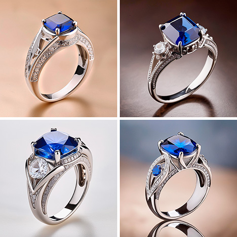 Figure A-5. Images generated by Adobe Firefly 2. These rings are less accurate depictions of the “three-stone ring” concept given in the prompt—particularly the top left image, which has no side stones at all. The desired materials, tanzanite and platinum, are also poorly depicted and could easily be confused for blue sapphire and white gold. Upon closer inspection, the center “tanzanite” gems show an oversimplified faceting pattern not common in commercial cuts. The bottom right ring also appears to be slightly out of round. These inaccuracies are likely due to the smaller amount of jewelry-specific training data available to Firefly.