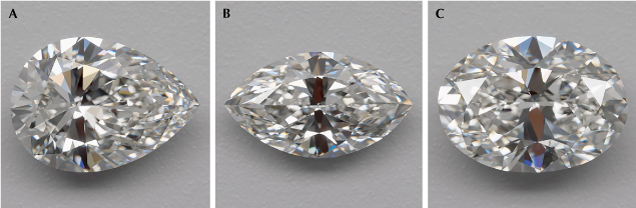 Figure 2. The patterns seen in oval-, pear-, and marquise-shaped diamonds often include a bow tie and areas of crushed ice. A: Pear shape RD133 shows a thin bow tie across the belly and small crushed ice in the point. B: Marquise RD101 displays a medium bow tie and medium to small crushed ice in both points. C: Oval RD118 has a strong bow tie and two arcs of medium to small crushed ice.