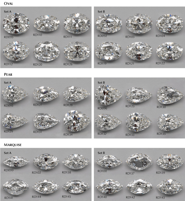 Figure 3. These virtual images display the 36 research diamonds used for observations, grouped into sets A and B for each shape. They range in size from 0.33 to 0.86 ct, have color grades between D and K, and have clarities between VVS2 and I1. Table 1 contains size and grading-report information for each diamond. The images were created with a proprietary rendering configuration, mimicking the DiamondDock environment. Still virtual images and videos of these stones in motion are available in the Data Repository.