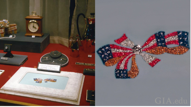 A view of one of Hohenstine’s window displays and a close-up of the red, white and blue bow gem design.