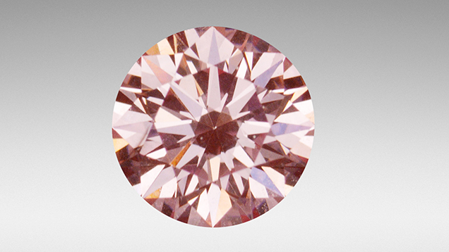 Pink CVD synthetic diamond with H4 defect.