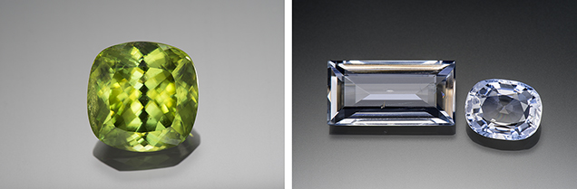 A 24.96 ct sphene from Zimbabwe (left) and sillimanites from Sri Lanka and Myanmar (right)