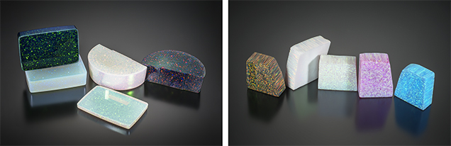 Plastic opal imitation by Kyocera alongside the company's polymer-impregnated synthetic opal.