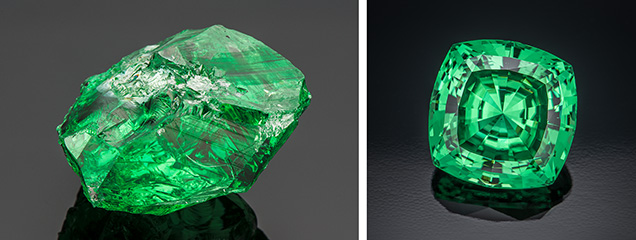 A 283.74 ct rough tsavorite (left) yielded this 11.674 ct square cushion-cut gem (right).