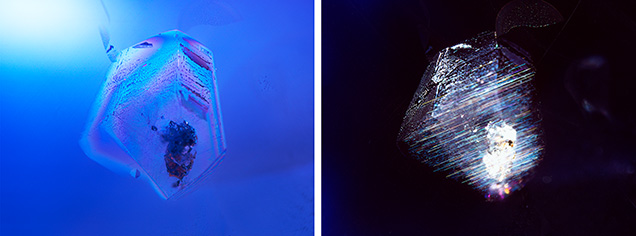 A guest crystal in the star sapphire viewed under cross-polarized light (left) and fiber-optic light (right).