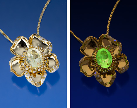 Fluorescent hyalite opal set in a yellow gold flower pendant.