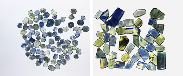 Parti-colored sapphire from Montana and Australia.