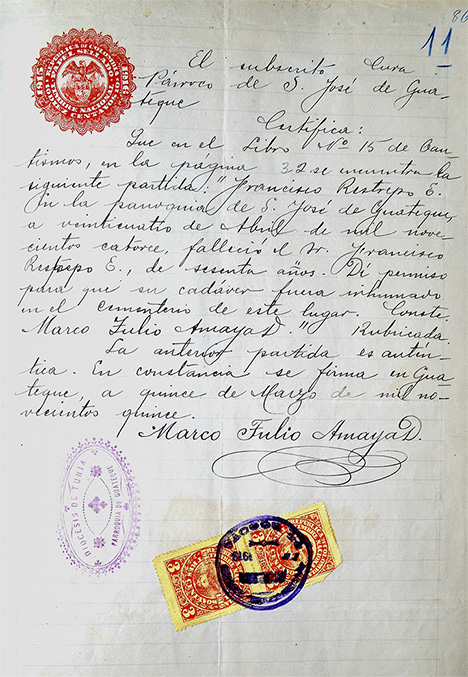 Francisco Restrepo’s death certificate