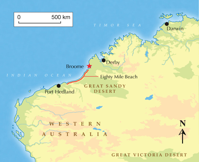 Map showing Eighty Mile Beach in Broome, Western Australia