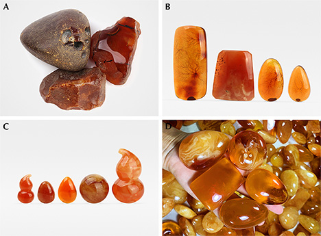 A variety of amber material showing effects of irradiation treatment.