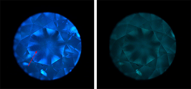 Blue fluorescence and moderate blue-green phosphorescence seen with the DiamondView.