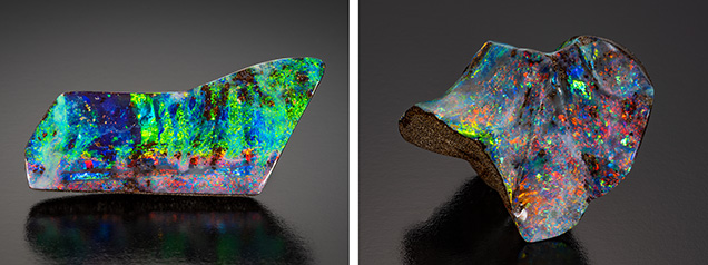 73.53 ct “Rainbow Jungle” and 188 ct “Red Lantern” boulder opals.