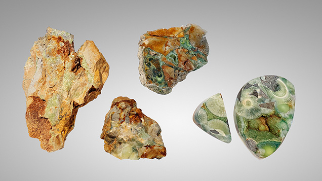 Wavellite rough, stabilized rough, and polished stabilized cabochons.