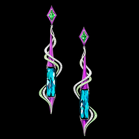 Two indicolite tourmalines cut by Avery are featured in earrings designed by Adam Neeley.