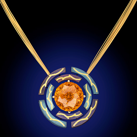 Zoltan David’s “Time” pendant features citrine, iridescent steel, and 24K gold inlay.