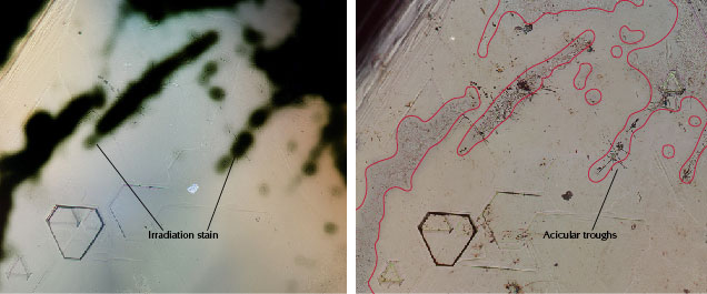 Green radiation stains on an unpolished diamond.