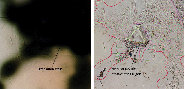 Magnified view of green radiation stain and acicular troughs.